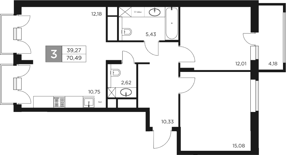 3-комн., 68.4 м², 17/17 этаж, ЖК «Восток 2»