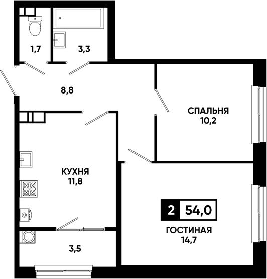 2-комн., 50.5 м², 3/16 этаж, ЖК «Кварталы 17/77»