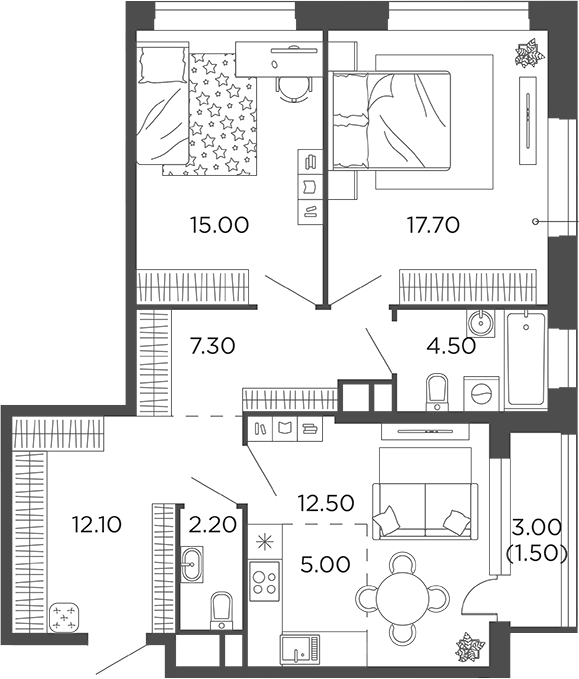 3-комн., 76.3 м², 3/22 этаж, ЖК «Филатов Луг»