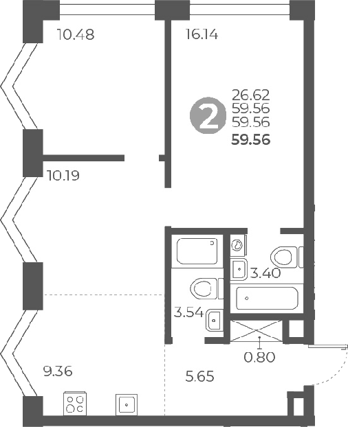 3-комн., 59.56 м², 5/9 этаж, ЖК «Мневники от Гранель»