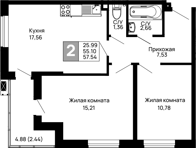 Продается 2-комн. квартира, 55.1 м²