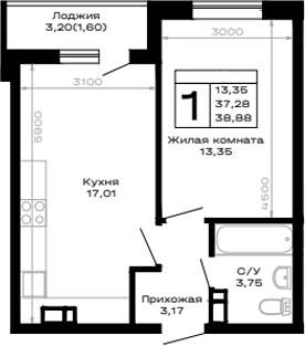 1-комн. квартира, 37.28 м² в ЖК Горные высоты — фото 2