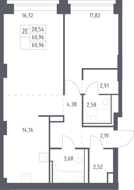 2-комн., 60.96 м², 10/32 этаж, ЖК «НОВА»