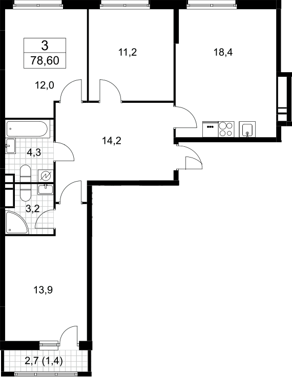 3-комн., 77.2 м², 10/10 этаж, ЖК «Родные кварталы»