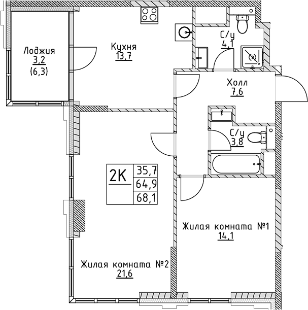 2-комн., 64.9 м², 5/19 этаж, ЖК «ВЭРИ на Миклухо-Маклая»