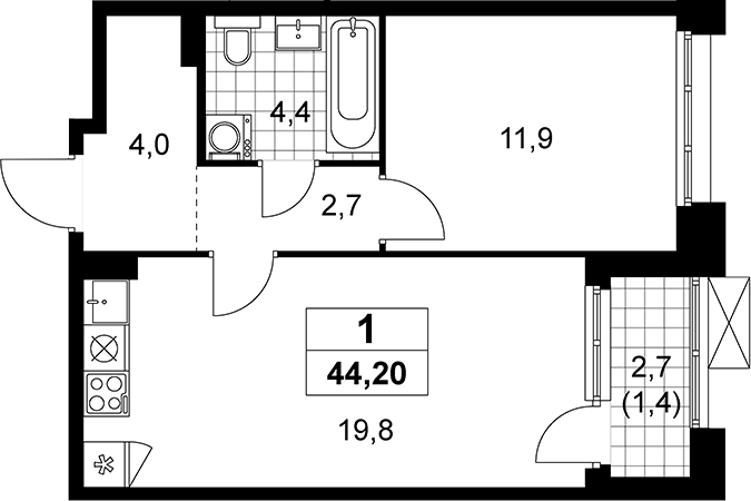 2-комн., 42.8 м², 10/19 этаж, ЖК «Прокшино»