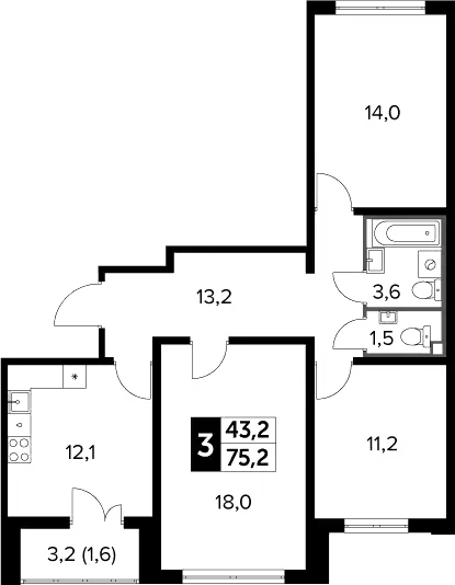 3-комн., 73.6 м², 3/24 этаж, ЖК «Южная Битца»