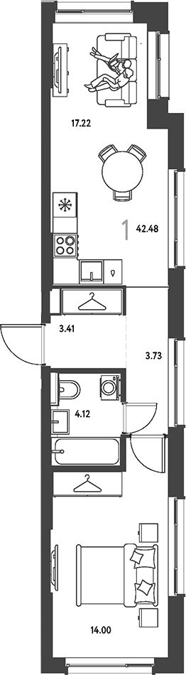 1-комн., 42.48 м², 5/19 этаж, ЖК «Страна.Парковая»