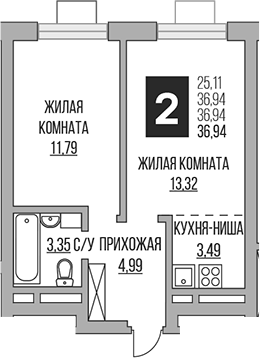 2-комн., 36.94 м², 22/22 этаж, ЖК «Гранель Ильинойс»