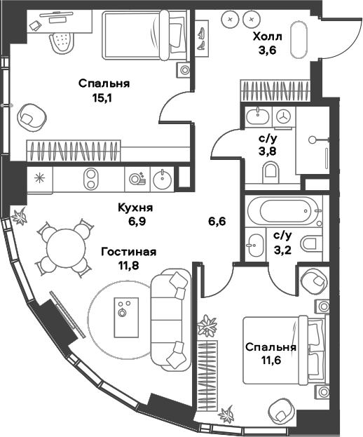 3-комн., 62.6 м², 27/39 этаж, ЖК «АЛИА»