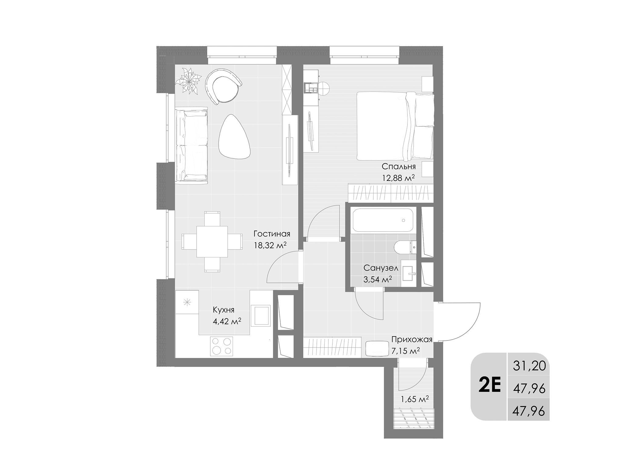 2-комн., 47.96 м², 19/30 этаж, ЖК «Дюна»