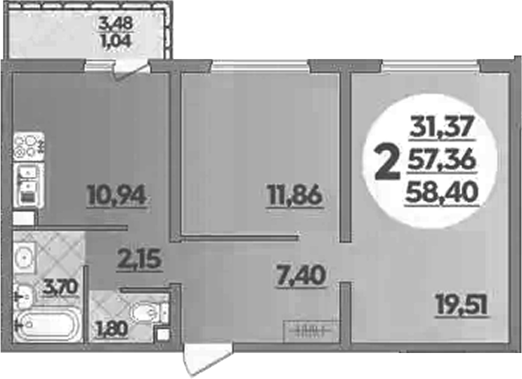 2-комн., 57.36 м², 1/16 этаж, ЖК «Восточный. Квартал №6»
