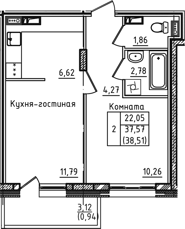 2-комн., 37.57 м², 5/5 этаж, ЖК «Зеленый город»