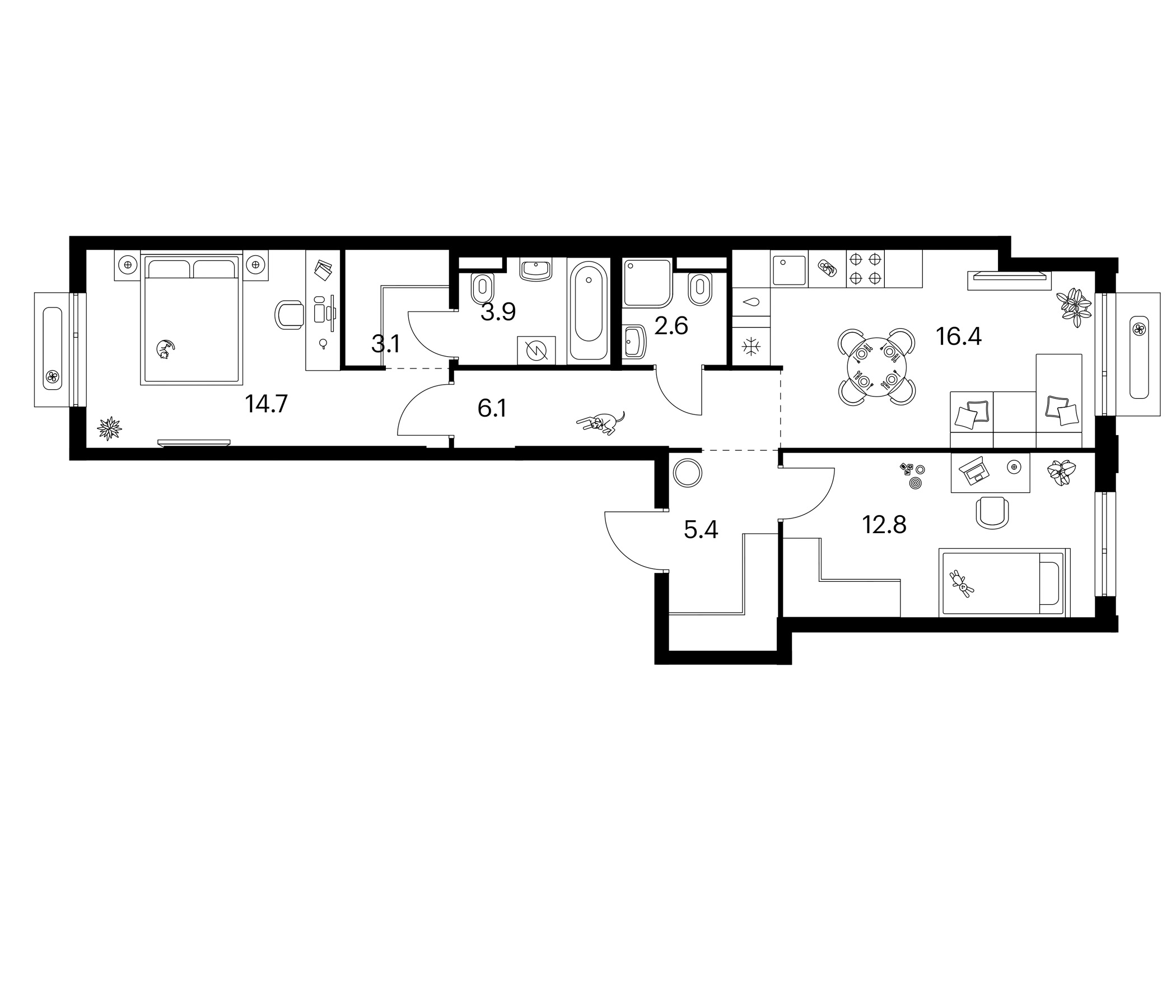 2-комн., 65 м², 9/13 этаж, ЖК «Зеленый парк»