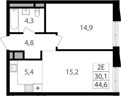 2-комн., 44.6 м², 26/26 этаж, ЖК «Семеновский парк 2»