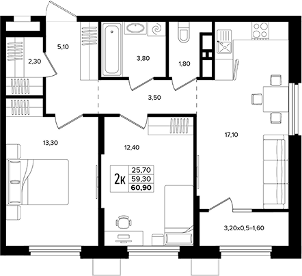3-комн., 59.3 м², 8/15 этаж, ЖК «Лермонтов Парк»
