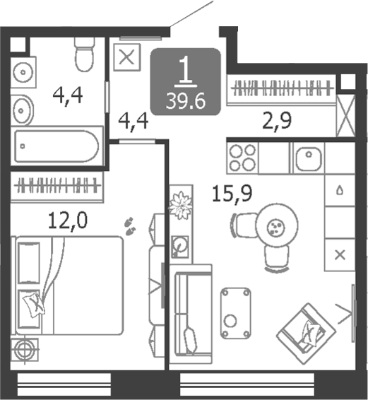 2-комн., 39.6 м², 12/19 этаж, ЖК «Шагал»