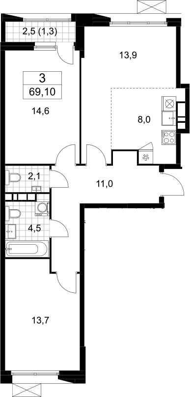 3-комн., 67.8 м², 6/9 этаж, ЖК «Бунинские кварталы»