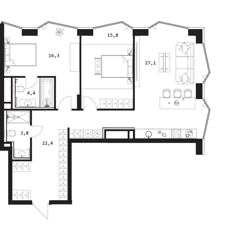 3-комн., 89.8 м², 7/9 этаж, ЖК «A. Residence»