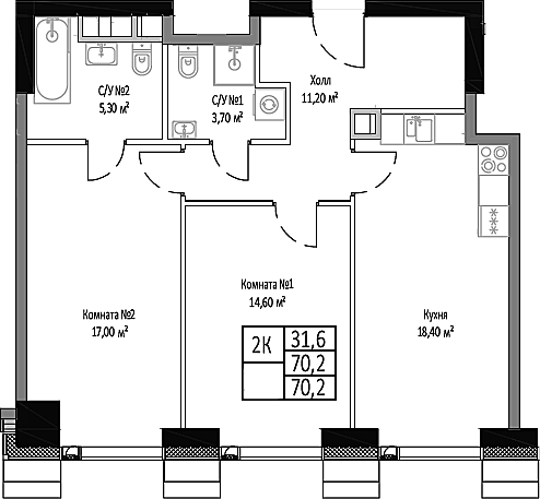 2-комн., 70.2 м², 4/35 этаж, ЖК «Мираполис»