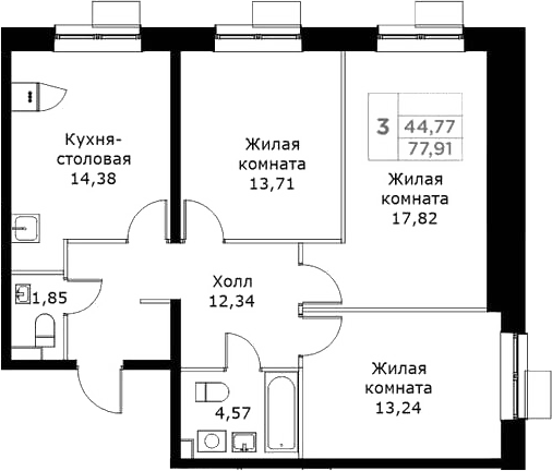 3-комн., 77.91 м², 18/25 этаж, ЖК «КИТ»