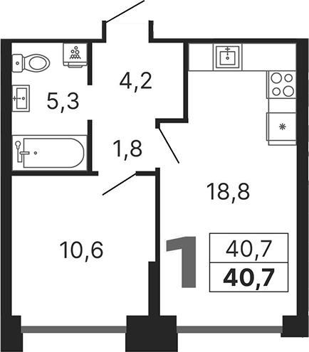 1-комн., 40.7 м², 23/29 этаж, ЖК «Бестселлер»