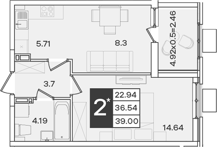 2-комн., 36.54 м², 3/18 этаж, ЖК «Сюжеты»