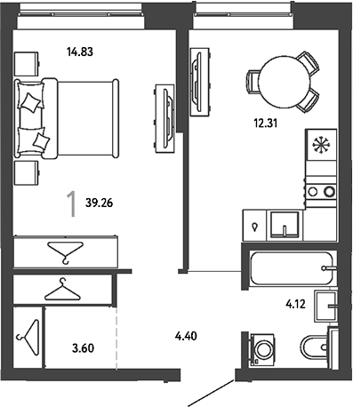 1-комн., 39.26 м², 14/24 этаж, ЖК «Страна.Парковая»