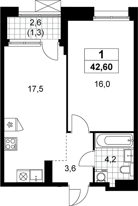 2-комн., 41.3 м², 18/19 этаж, ЖК «Прокшино»