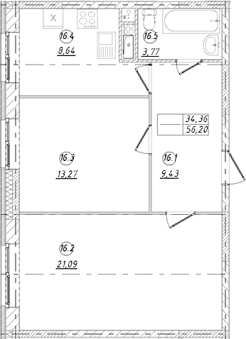 2-комн., 56.2 м², 3/9 этаж, ЖК «Юго-Западный квартал»