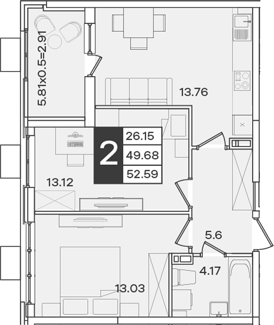 2-комн., 49.68 м², 3/9 этаж, ЖК «Сюжеты»