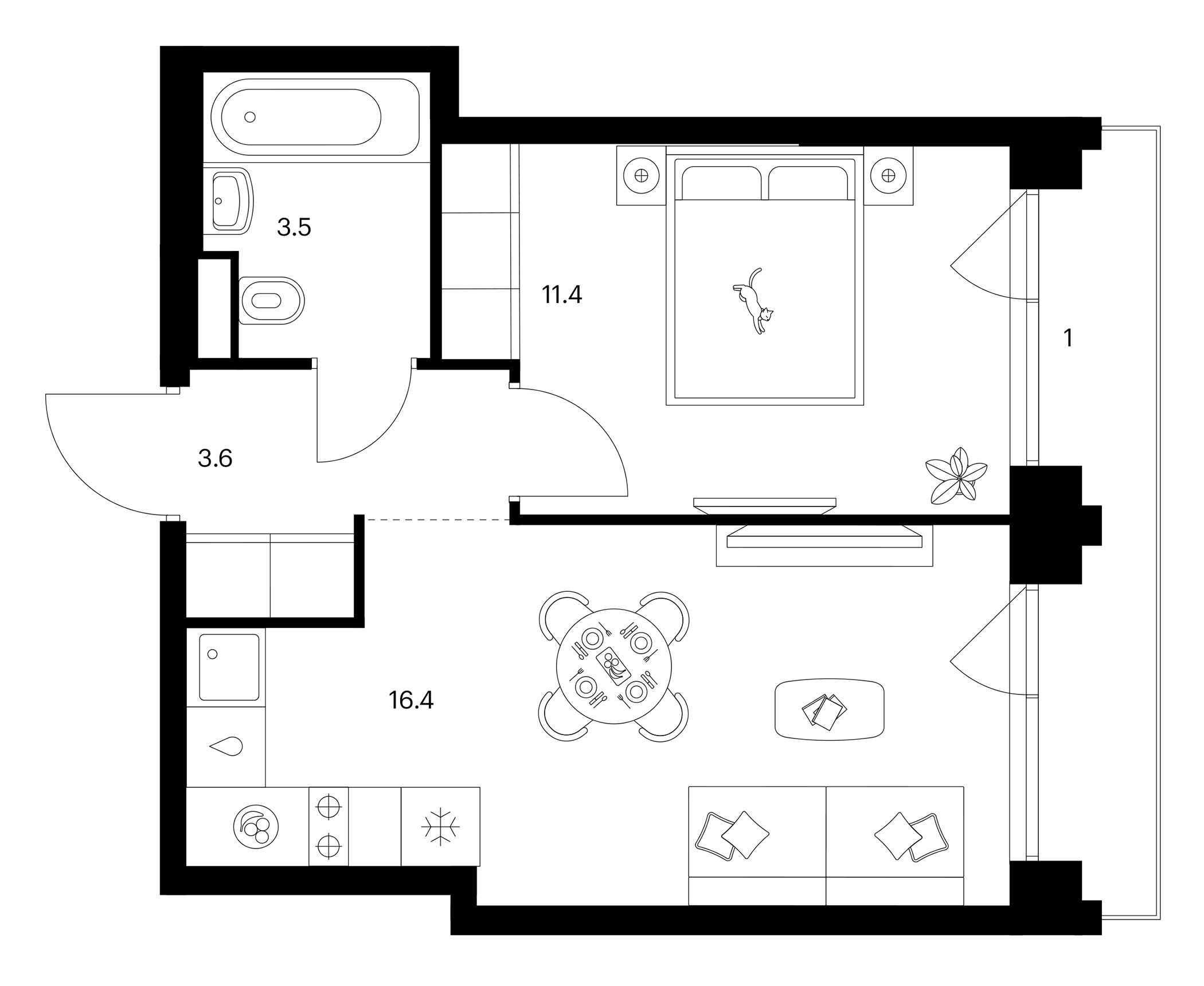 1-комн., 34.9 м², 15/30 этаж, ЖК «Строгино 360»