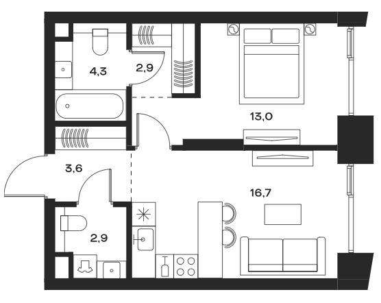 2-комн., 43.4 м², 10/27 этаж, ЖК «СОУЛ»
