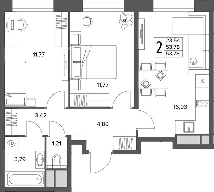 3-комн., 53.78 м², 8/16 этаж, ЖК «Городской бор»