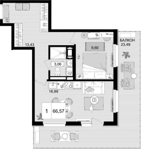 2-комн., 43.08 м², 4/8 этаж, ЖК «IT гостиничный комплекс Корсаков»
