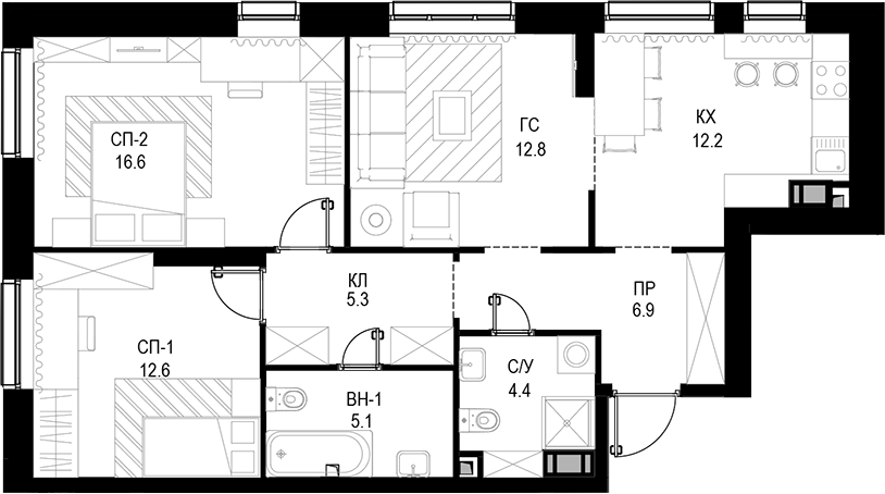 3-комн., 75.9 м², 4/28 этаж, ЖК «Трилогия «Кристалл»»