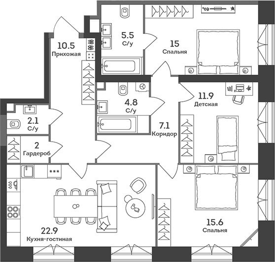 4+ комнаты, 97.4 м², 6/52 этаж, ЖК «ЭРА»