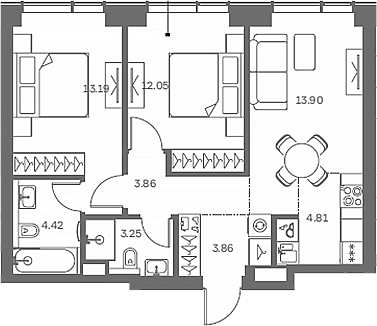 3-комн., 59.34 м², 4/41 этаж, ЖК «TATE»