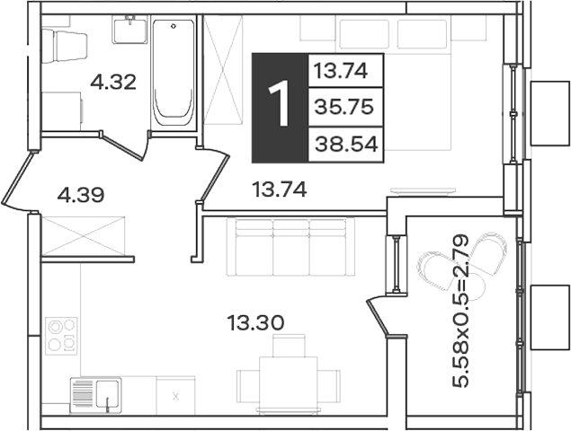 1-комн., 35.75 м², 2/18 этаж, ЖК «Сюжеты»