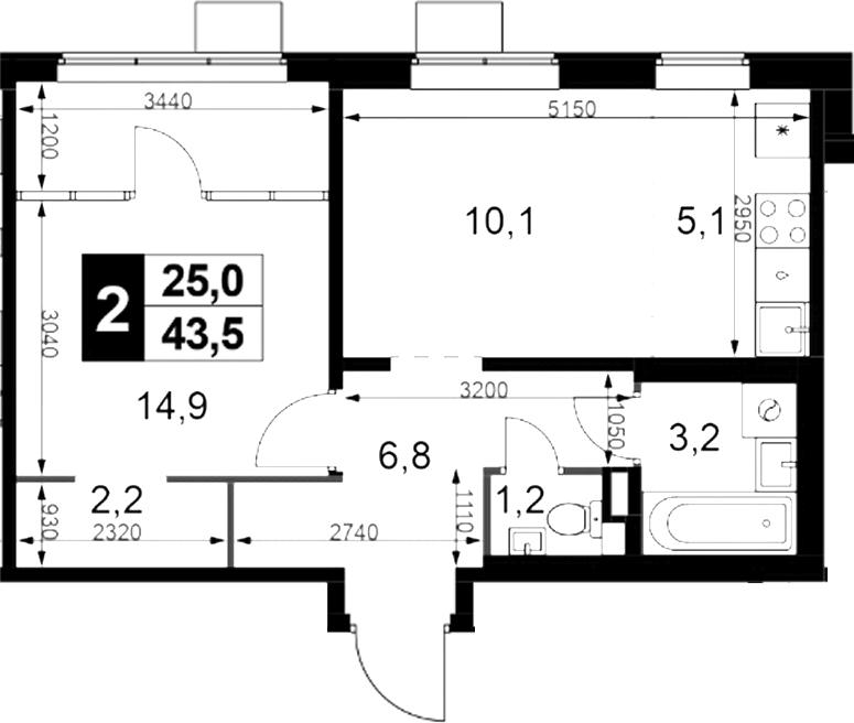 2-комн., 43.5 м², 6/15 этаж, ЖК «1-й Химкинский»