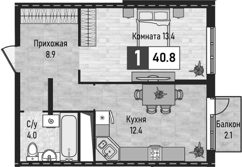 1-комн., 38.7 м², 7/10 этаж, ЖК «Живописный»