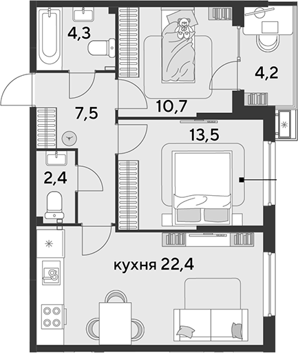 3-комн. квартира, 60.8 м² в ЖК Парк Победы — фото 2