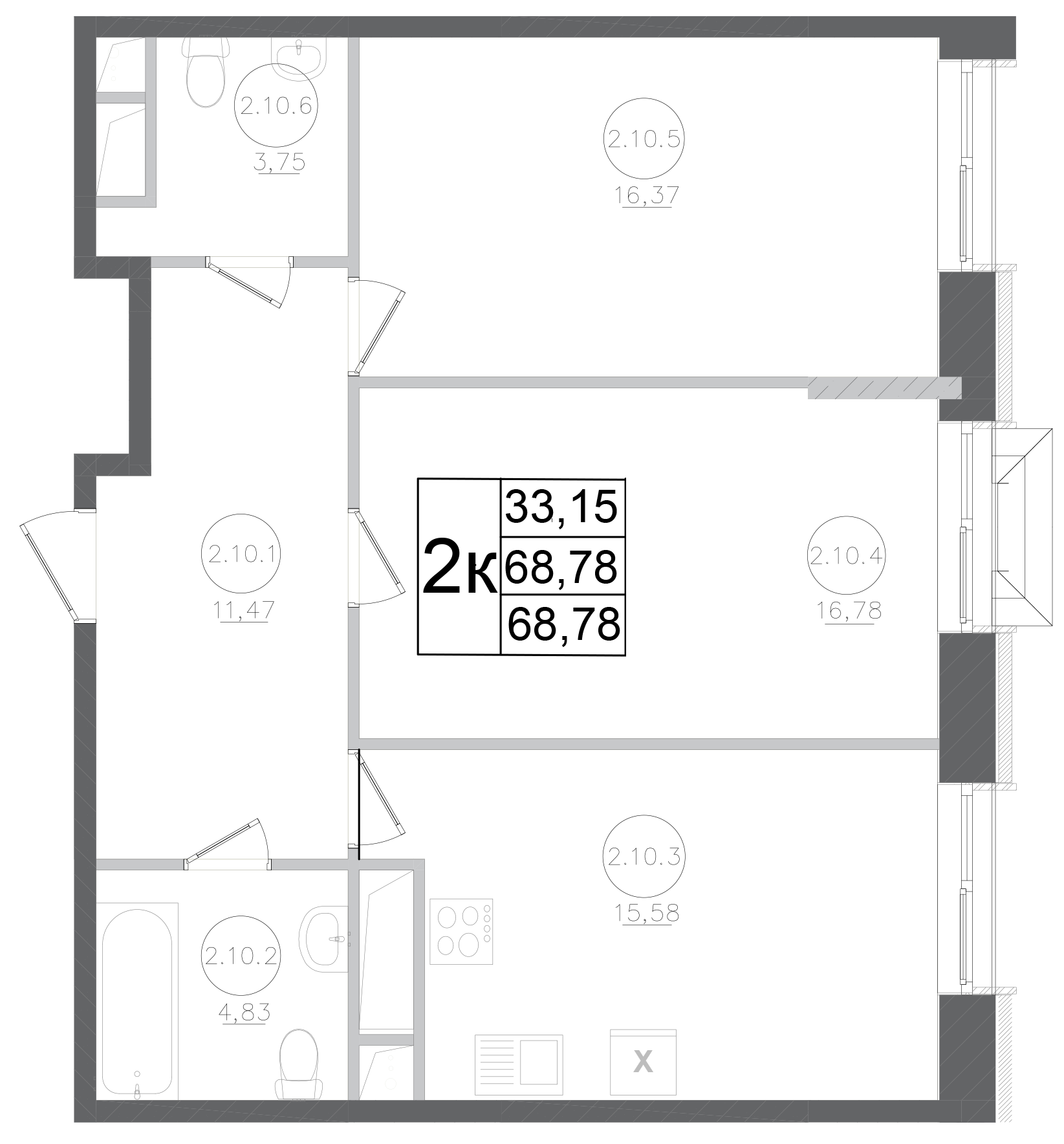 2-комн., 68.78 м², 2/17 этаж, ЖК «Авиатор-2»