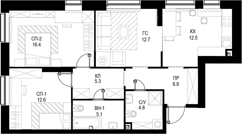 3-комн., 76.3 м², 3/28 этаж, ЖК «Трилогия «Кристалл»»