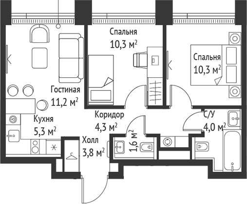 3-комн., 50.7 м², 47/52 этаж, ЖК «СЕТ»