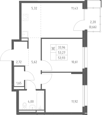 3-комн., 53.27 м², 17/17 этаж, ЖК «Прибрежный Парк»