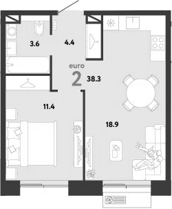 2-комн., 38.3 м², 9/12 этаж, ЖК «Страна.Заречная»