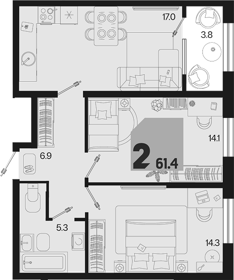 Продается 2-комн. квартира, 57.6 м² — фото 2