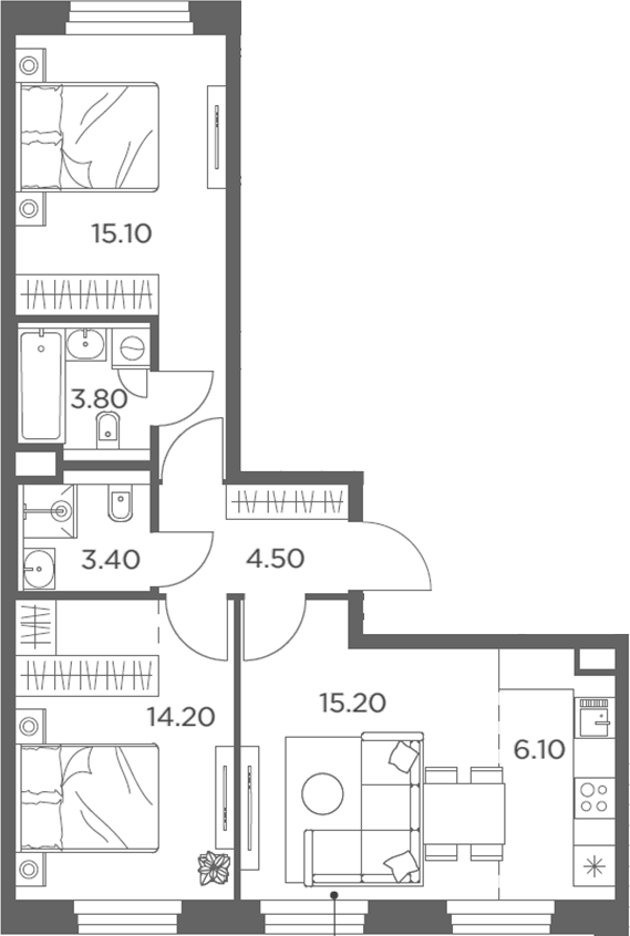 3-комн., 62.3 м², 11/20 этаж, ЖК «Белый Град»