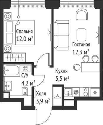 2-комн., 37.9 м², 36/52 этаж, ЖК «СЕТ»